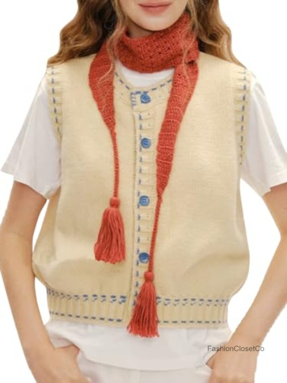 Boho Knit Sweater Vest Button Up Sleeveless Crewneck Lightweight Casual